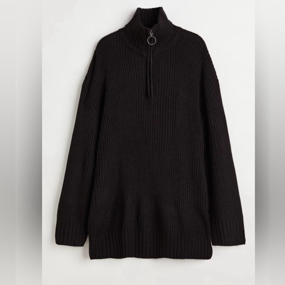 H&M+ Zip-top Rib-knit Sweater Black Size XL